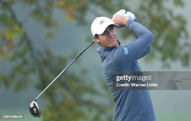 Nicolas Colsaerts of Belgium hits his tee-shot on the 11th hole during Day One of the Italian Open at Chervo Golf Club on October 22, 2020 in...