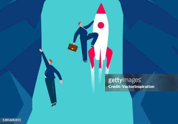 一個商人徒手爬到山頂,一個商人用火箭爬到山頂的效率比較。 - 底部 幅插畫檔、美工圖案、卡通及圖標