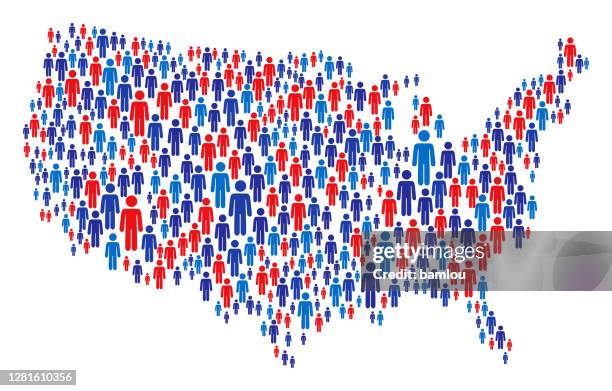 ilustraciones, imágenes clip art, dibujos animados e iconos de stock de mapa de ee.uu. hecho de figura stickman con colores patrióticos - us republican party