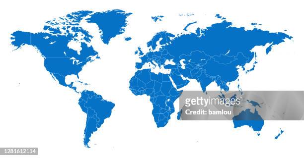 ilustraciones, imágenes clip art, dibujos animados e iconos de stock de mapa mundial seperado países azules con blanco esquema - hispanoamérica