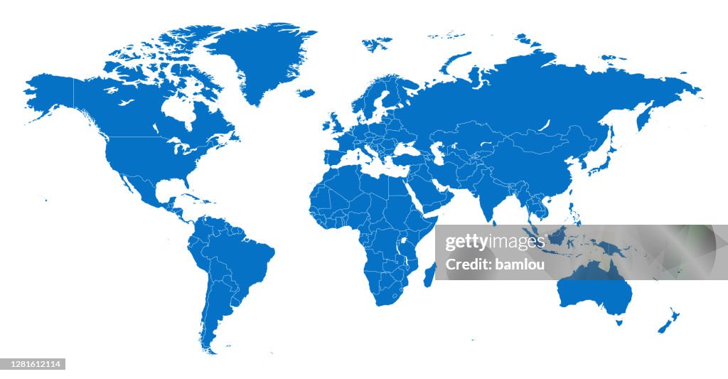 Mappa i paesi seperati del mondo blu con il contorno bianco