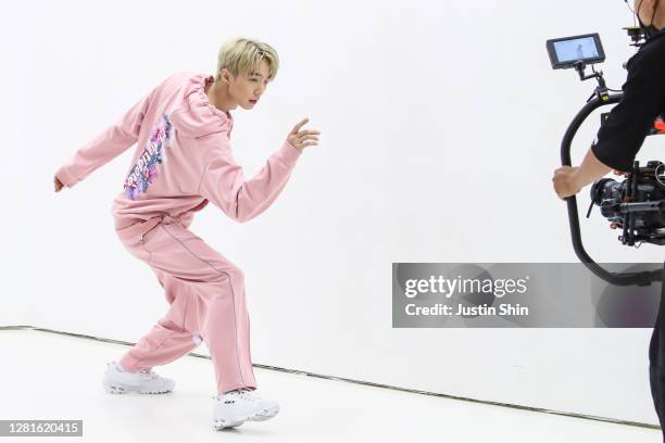 In this image released on October 22 a model is seen during the pre-shooting of D-Antidote runway show as a part of Seoul Fashion Week 2021 SS on...