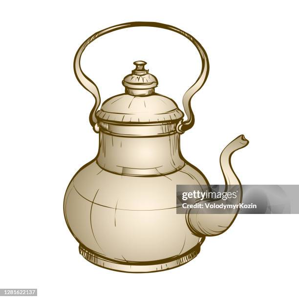 stylized illustration of an oriental teapot on a high stand - tea kettle stock illustrations