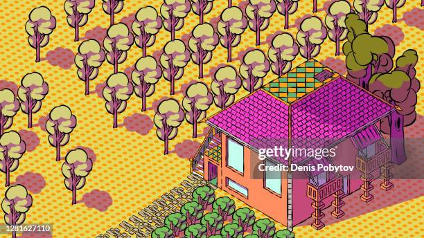 hand-drawn cute vector illustration in isometric view - rural house near the garden. - building terrace stock illustrations
