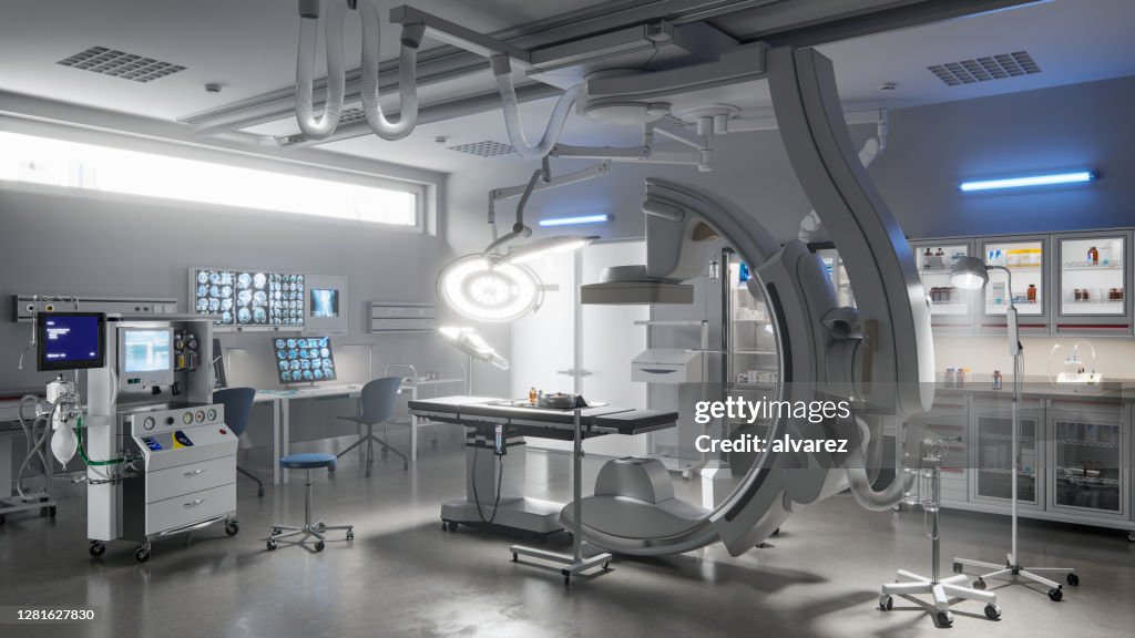 Digital erzeugtes Bild eines leeren Operationssaals in einem Krankenhaus