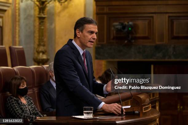 Spanish Prime Minister Pedro Sanchez speaks during a debate on a no-confidence motion at the Lower House of the Spanish Parliament on October 22,...