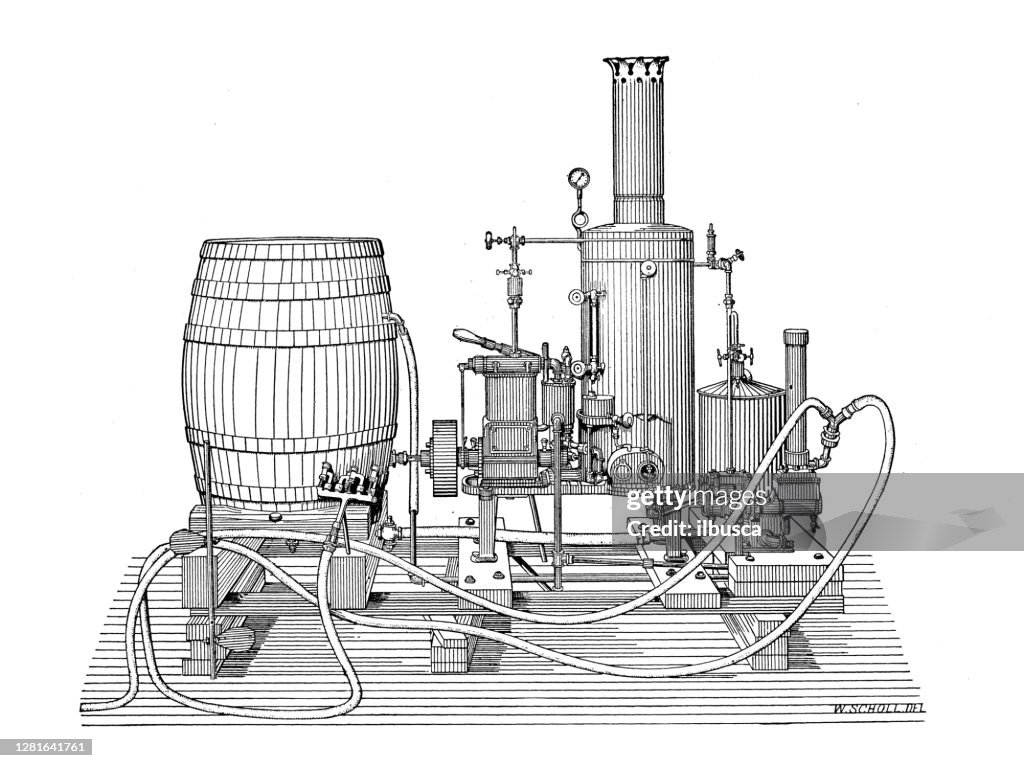 Illustrazione antica della macchina a spruzzo a vapore macchine agricole