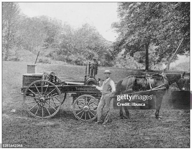 ilustraciones, imágenes clip art, dibujos animados e iconos de stock de fotografía antigua en blanco y negro: máquina de pulverización de vapor maquinaria agrícola - yesteryear tractor