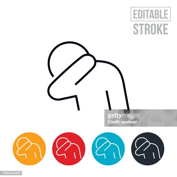 person sneezing into elbow thin line icon - editable stroke - cold virus stock illustrations
