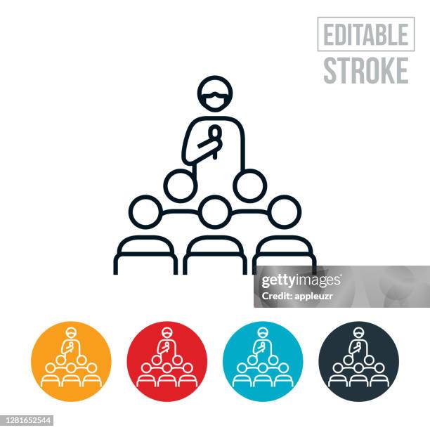 business person giving speech to audience while wearing a face mask thin line icon - editable stroke - school rules stock illustrations