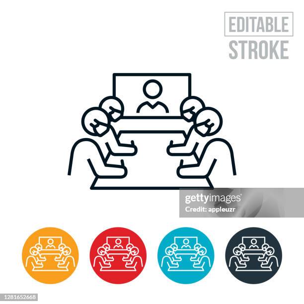 business people in boardroom having a video conference while wearing face masks thin line icon - editable stroke - workshop table stock illustrations
