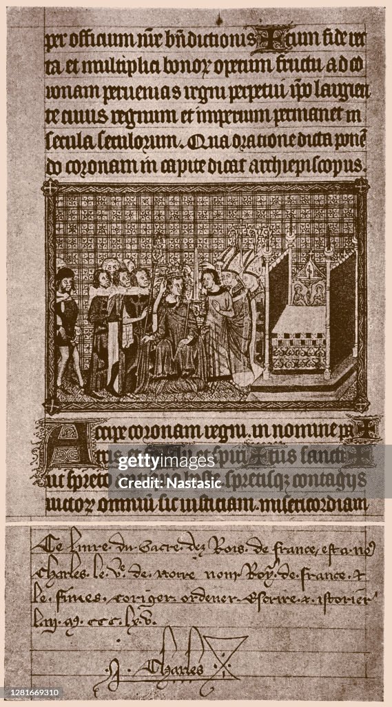 En sida ur ceremoniboken för de franska kungarnas smörjelse. Skriven för Karl V av Frankrike 1365.