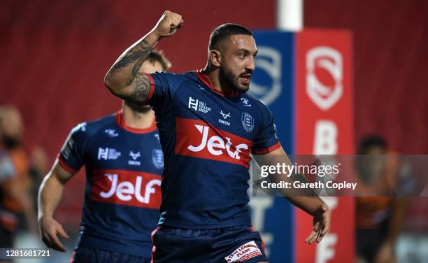 Elliot Minchella of Hull KR celebrates scoring a first half try during the Betfred Super League match between Castleford Tigers and Hull Kingston...