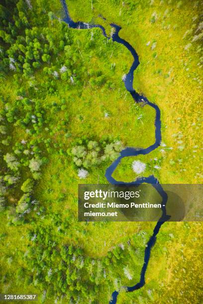 aerial view of a small river flowing through marshland in finland - fluss stock-fotos und bilder