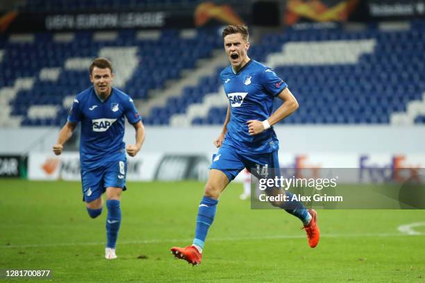 Christoph Baumgartner of TSG 1899 Hoffenheim celebrates after scoring his sides first goal during the UEFA Europa League Group L stage match between...