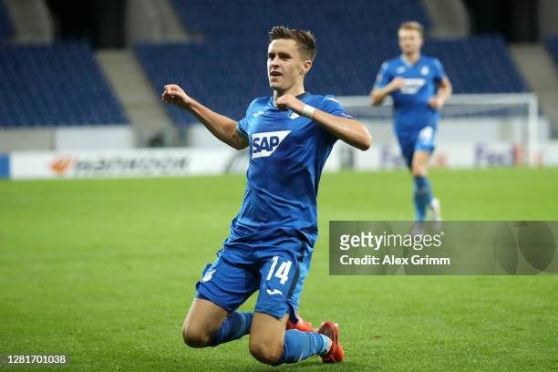 Christoph Baumgartner of TSG 1899 Hoffenheim celebrates after scoring his sides first goal during the UEFA Europa League Group L stage match between...