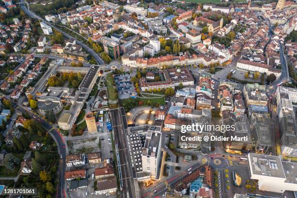 aerial view of fribourg city center in switzerland - freiburg skyline stock pictures, royalty-free photos & images