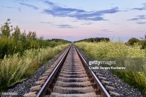 straight railway line in twilight - bahngleis stock-fotos und bilder