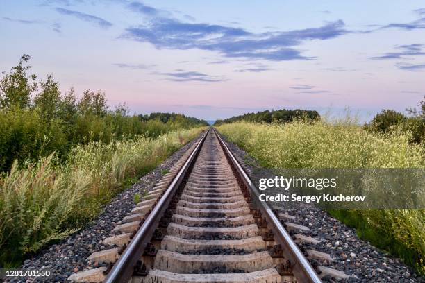 straight railway line in twilight - railroad track stock-fotos und bilder
