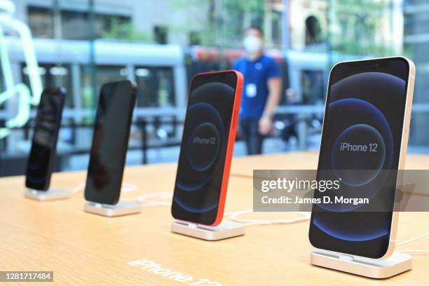 The new Apple iPhone 12 on display in the George Street Apple retail store on October 23, 2020 in Sydney, Australia. The iPhone 12 features the A14...