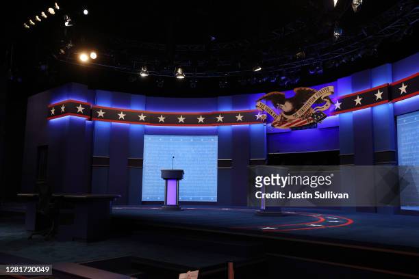 The stage is prepped for U.S. President Donald Trump and Democratic presidential nominee Joe Biden's final presidential debate at Belmont University...