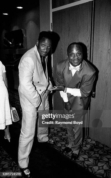 Video Soul' host Donnie Simpson and Jerome Benton of The Time poses for photos during the opening of Flyte Tyme Studios in Edina, Minnesota in...