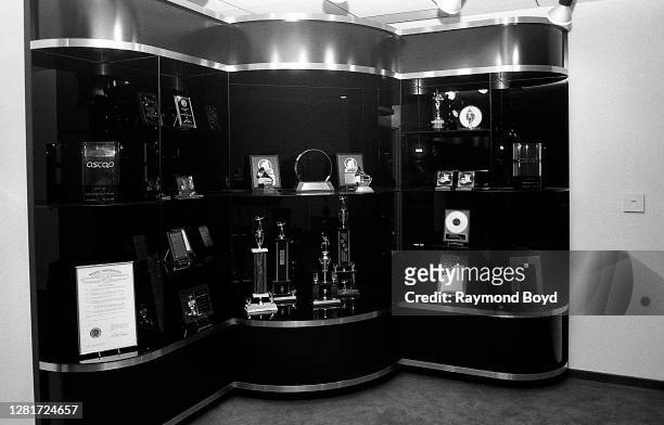 Grammy and ASCAP awards are just a few shown in the trophy case during the opening of Flyte Tyme Studios in Edina, Minnesota in September 1989.