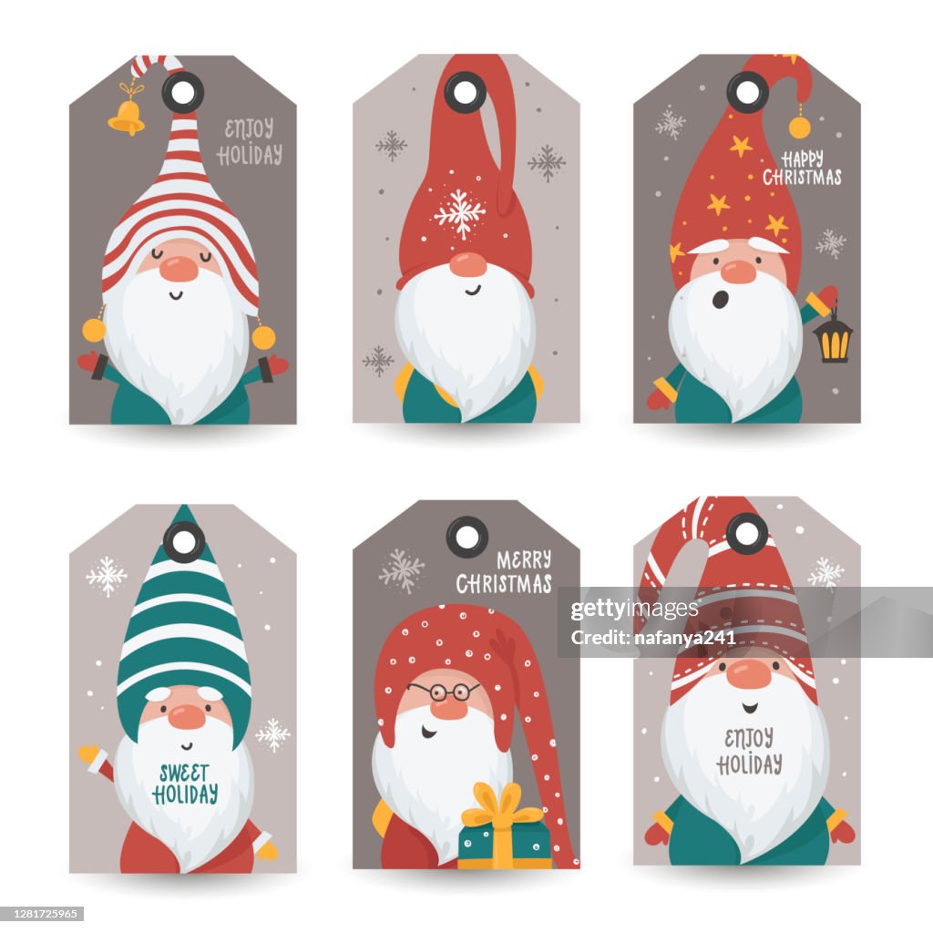 Collection of tags with Gnomes and holiday wishes