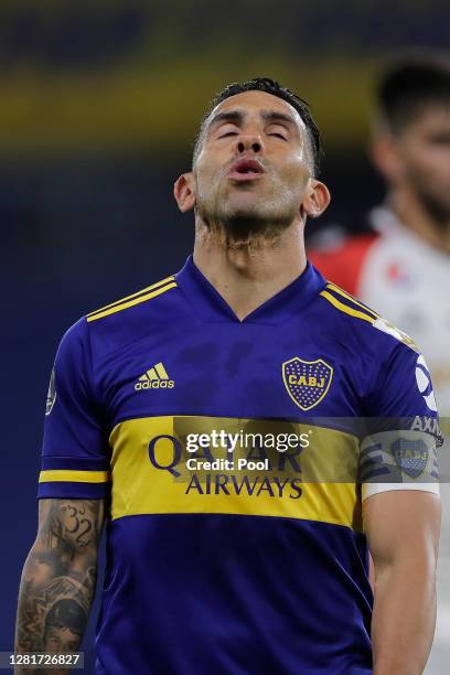 Carlos Tevez of Boca Juniors reacts during a Group H match of Copa CONMEBOL Libertadores 2020 between Boca Juniors and Caracas at Estadio Alberto J....