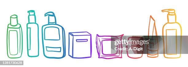 skin care containers bottles tubes jars rainbow - shower gel white background stock illustrations
