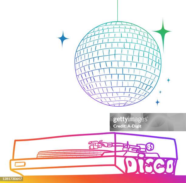 turntable and disco ball rainbow - disco music stock illustrations