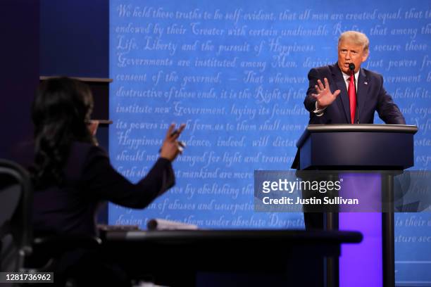 President Donald Trump participates in the final presidential debate against Democratic presidential nominee Joe Biden at Belmont University on...