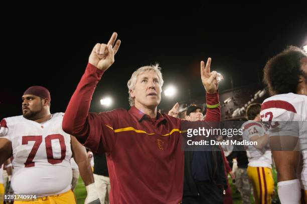 Head Coach Pete Carroll of the USC Trojans celebrates after an NCAA Pac-12 college football game against the Stanford Cardinal on November 4, 2006 at...