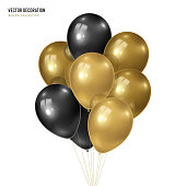 3d vector realistic golden with black bunch of helium balloons isolated on white background. Decoration element design for birthday, wedding, parties, celebrate festive.