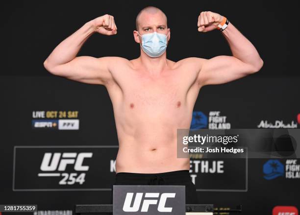 Stefan Struve of the Netherlands poses on the scale during the UFC 254 weigh-in on October 23, 2020 on UFC Fight Island, Abu Dhabi, United Arab...
