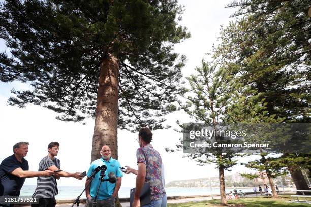 Argentina coach Mario Ledesma is interviewed during a media opportunity ahead of the 2020 Tri-Nations at Manly Beach on October 23, 2020 in Sydney,...