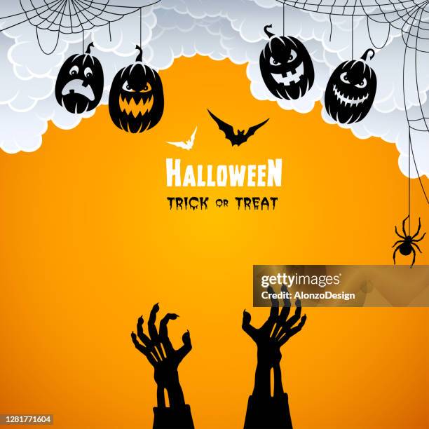 halloween gruselige nacht mit kürbissen und fliegenden fledermäusen. - zombie stock-grafiken, -clipart, -cartoons und -symbole