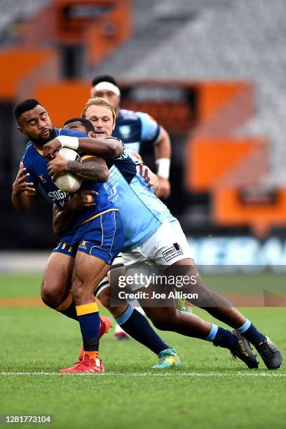 Jona Nareki of Otago is caught by the defence during the round 7 Mitre 10 Cup match between Otago and Northland at Forsyth Barr Stadium on October...