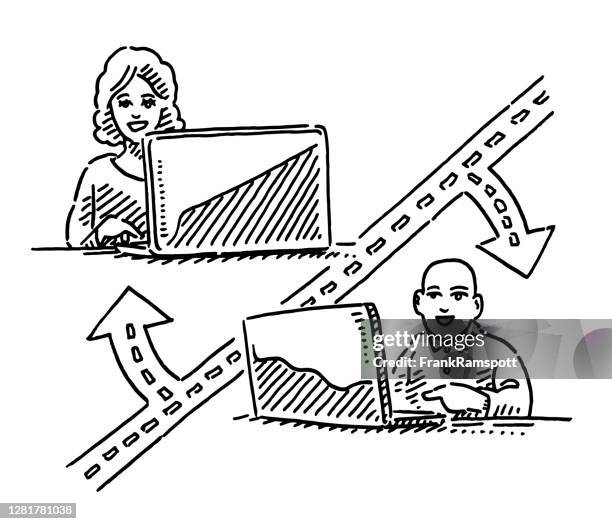 people working on laptop data connection drawing - two laptops connected stock illustrations