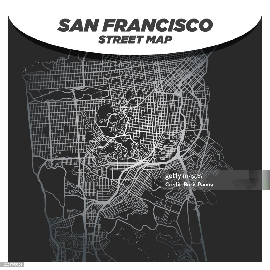 San Francisco City Street Map on Elegant Silver Background