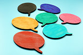 Multi language, diversity and communication concept. Colorful quote bubbles.