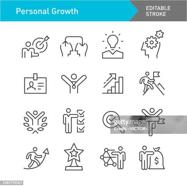 ilustraciones, imágenes clip art, dibujos animados e iconos de stock de iconos de crecimiento personal - serie de líneas - trazo editable - retos