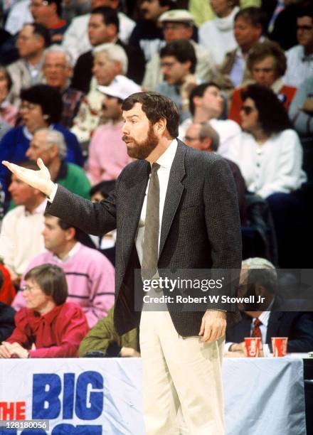 Seton Hall coach P.J. Carlesimo questions a call during a game against the University of Connecticut, Storrs, CT, 1990.