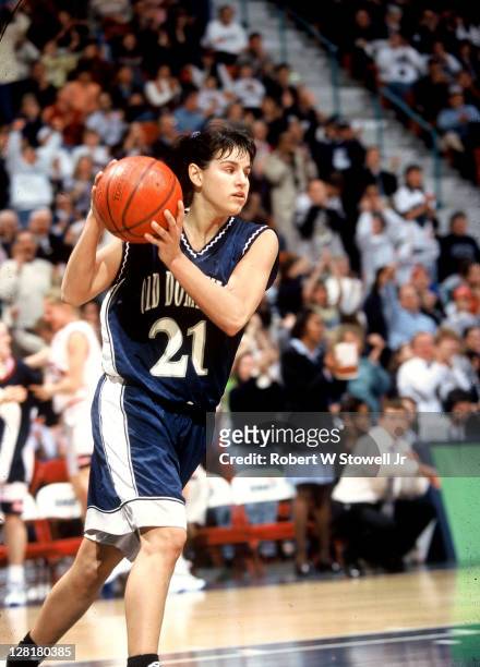 Ticha Penichero, guard for Old Dominion, heads up court in a game against the University of Connecticut, Hartford, CT, 1996.