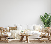 White cozy living room interior, Coastal Boho style