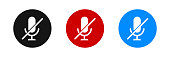 Mute microphone vector icon set. Flat audio mic symbol.