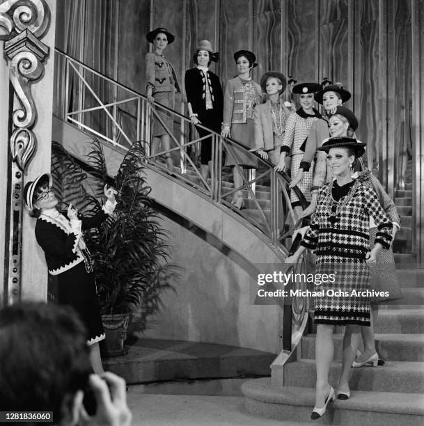 American actress Katharine Hepburn as French fashion designer Coco Chanel in the Broadway musical 'Coco', December 1969. The costumes were designed...