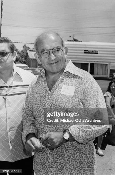 American actor Ed Asner at an Actors and Others for Animals celebrity fair at the Columbia Ranch in Burbank, Los Angeles, California, July 1979.