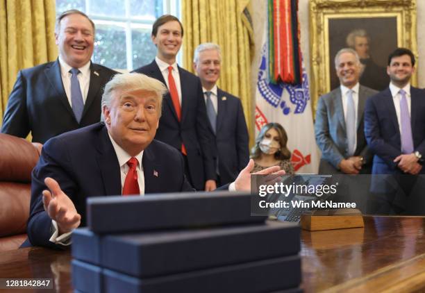 President Donald Trump speaks about a Sudan-Israel peace agreement, in the Oval Office on October 23, 2020 in Washington, DC. President Trump...