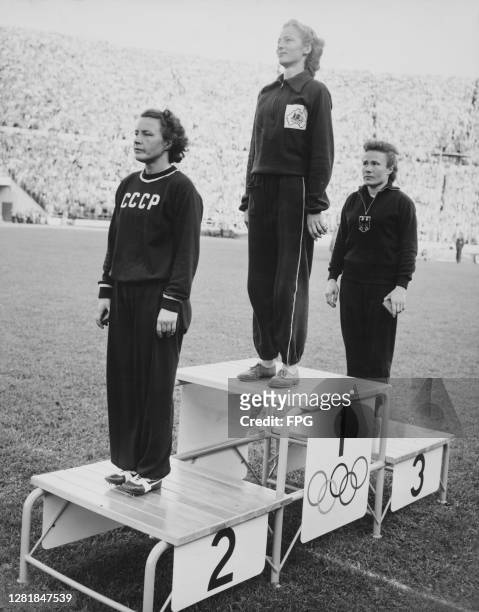 The winners of the women's 80 metres hurdles event at the Summer Olympic Games in Helsinki, Finland, 24th July 1952. From left to right, they are...